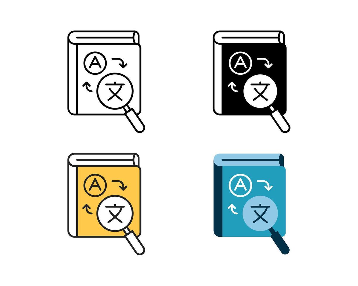 diccionario icono elemento vector diseño en 4 4 estilo línea, glifo, duotono, y departamento.