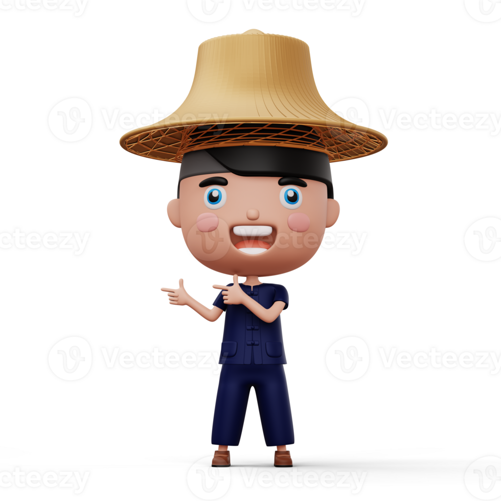 Happy asian farmer wearing mauhom shirt and bamboo hat pointing finger, 3d rendering png