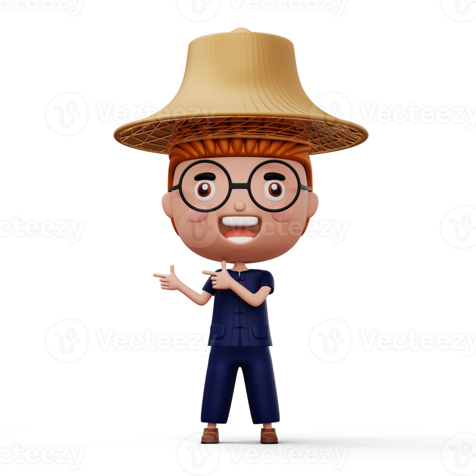 Happy asian farmer wearing mauhom shirt and bamboo hat pointing finger, 3d rendering png