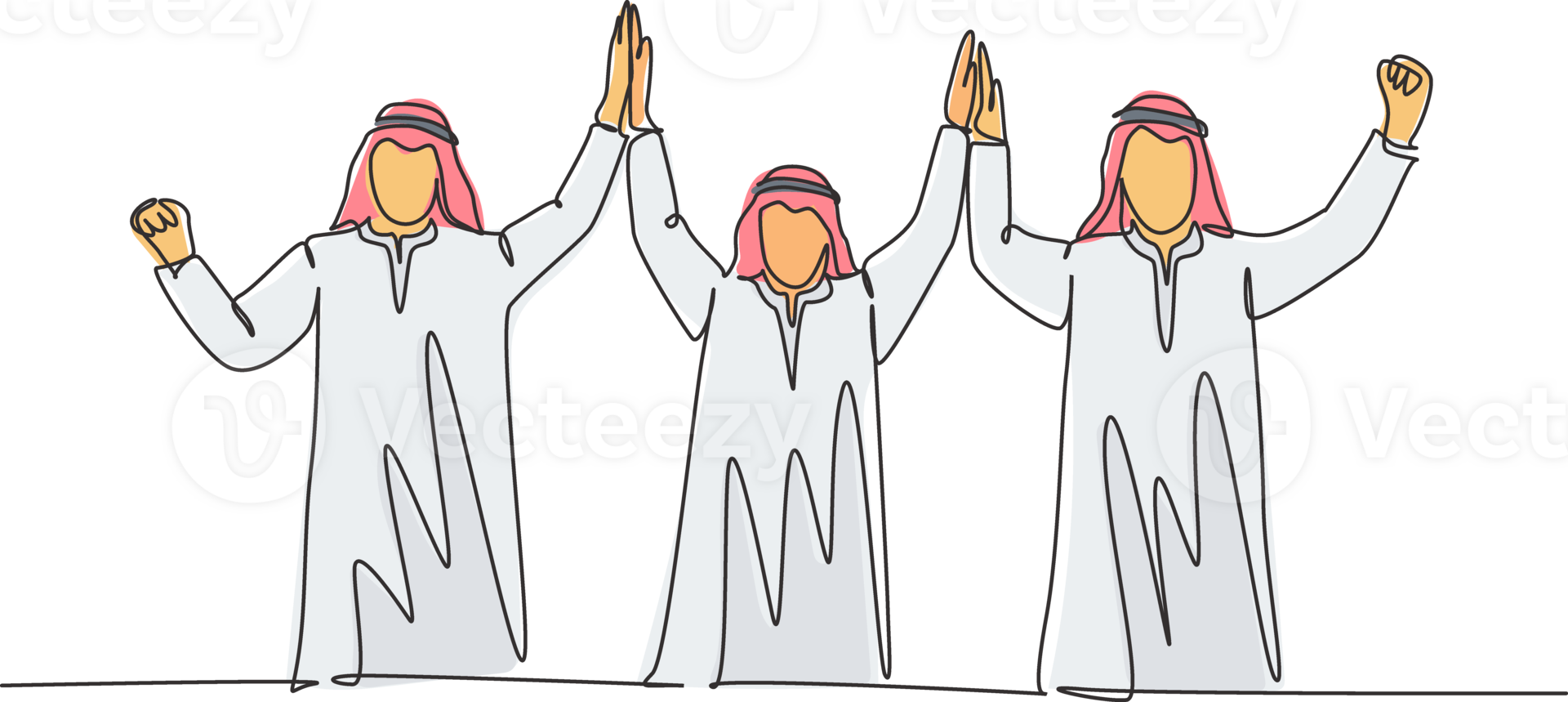 One single line drawing of young muslim marketing team raise hand together. Saudi Arabian businessmen with shmag, kandora, headscarf, thobe, ghutra. Continuous line draw design illustration png