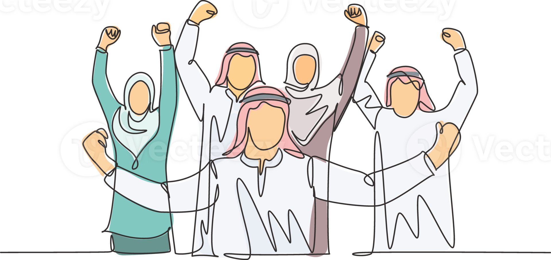 One single line drawing of young muslim business people show solid teamwork. Saudi Arabian businessmen with shmag, kandora, headscarf, thobe, ghutra. Continuous line draw design illustration png