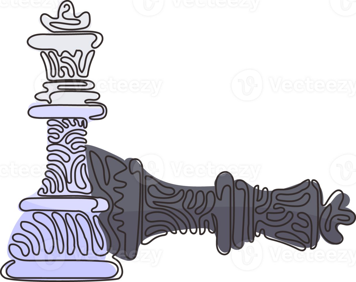 Single one line drawing figures of wooden chess on chessboard. King, queen of opposing team's. Composition for tourney. Swirl curl style. Modern continuous line draw design graphic illustration png