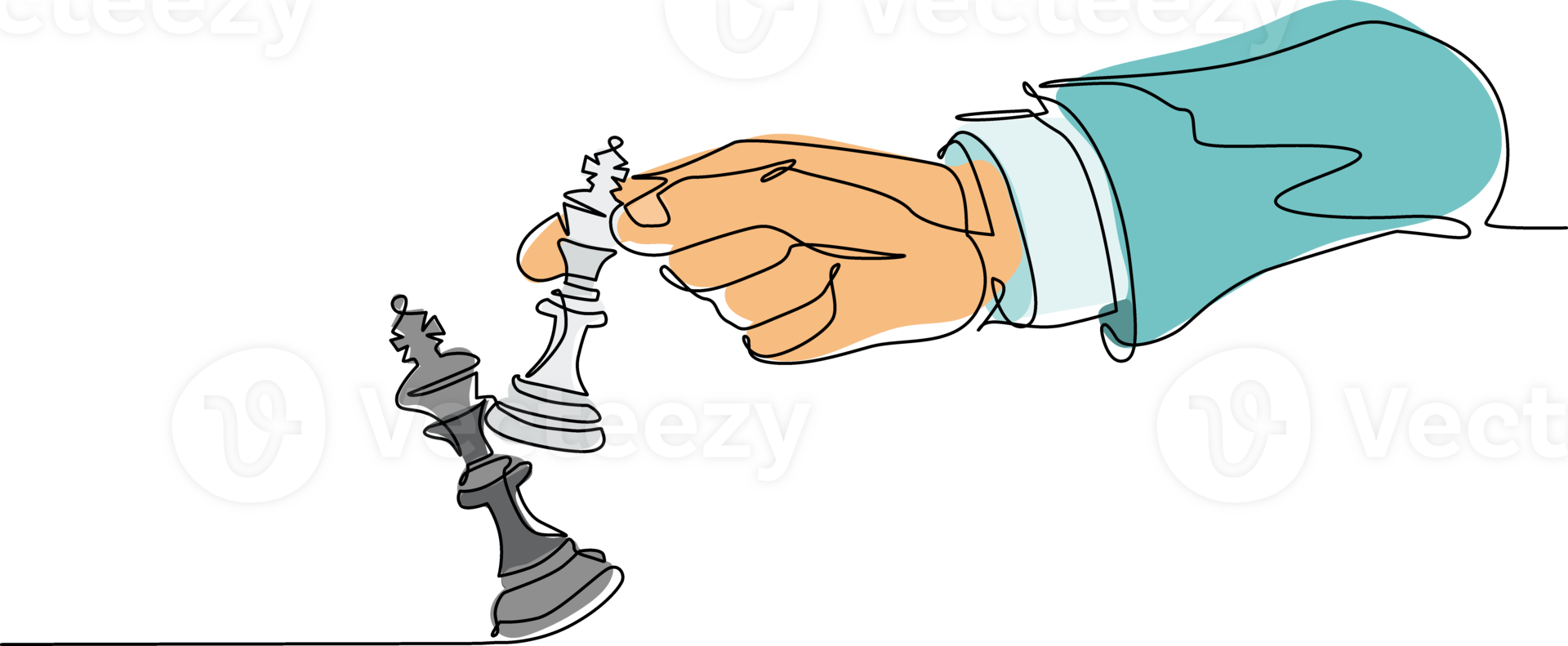 Continuous one line drawing man hand holding chess king. Male use king chess piece to crash opposite team king figure. Checkmate. Win in chess game. Single line draw design graphic illustration png