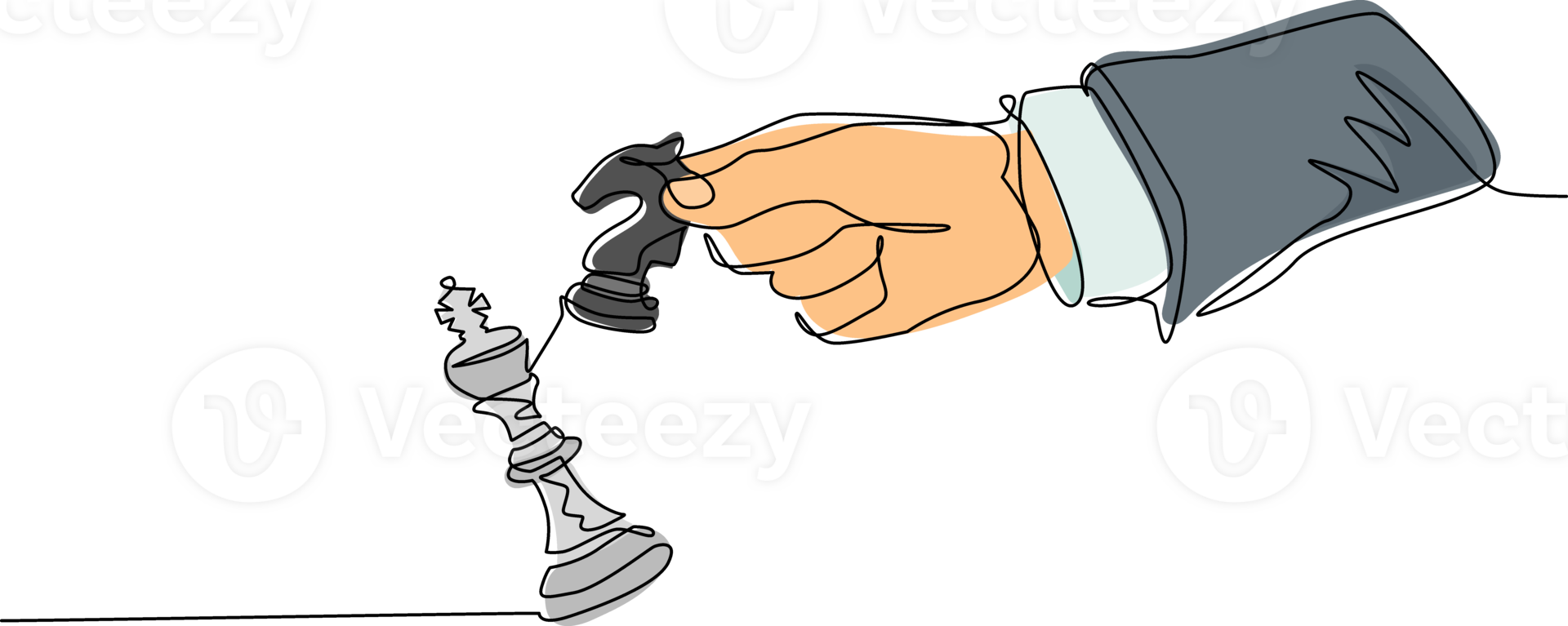 Single continuous line drawing man hand holding chess horse knight. Male use horse knight chess piece to crash opposite team king figure. Checkmate. Win in chess game. One line draw design png