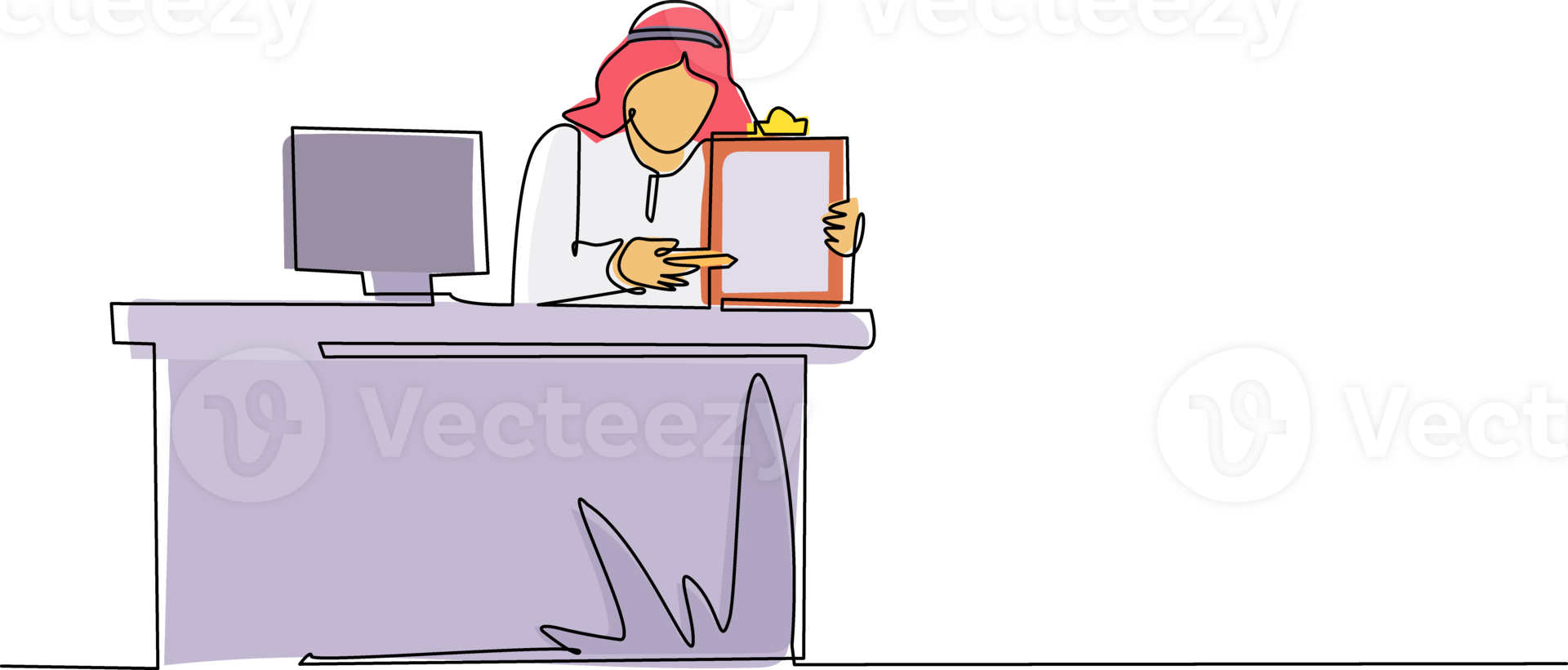 Continuous one line drawing smiling banking clerk showing bank credit, loan contract or mortgage agreement sitting at desk with computer. Arabian businessman lender. Single line draw design png