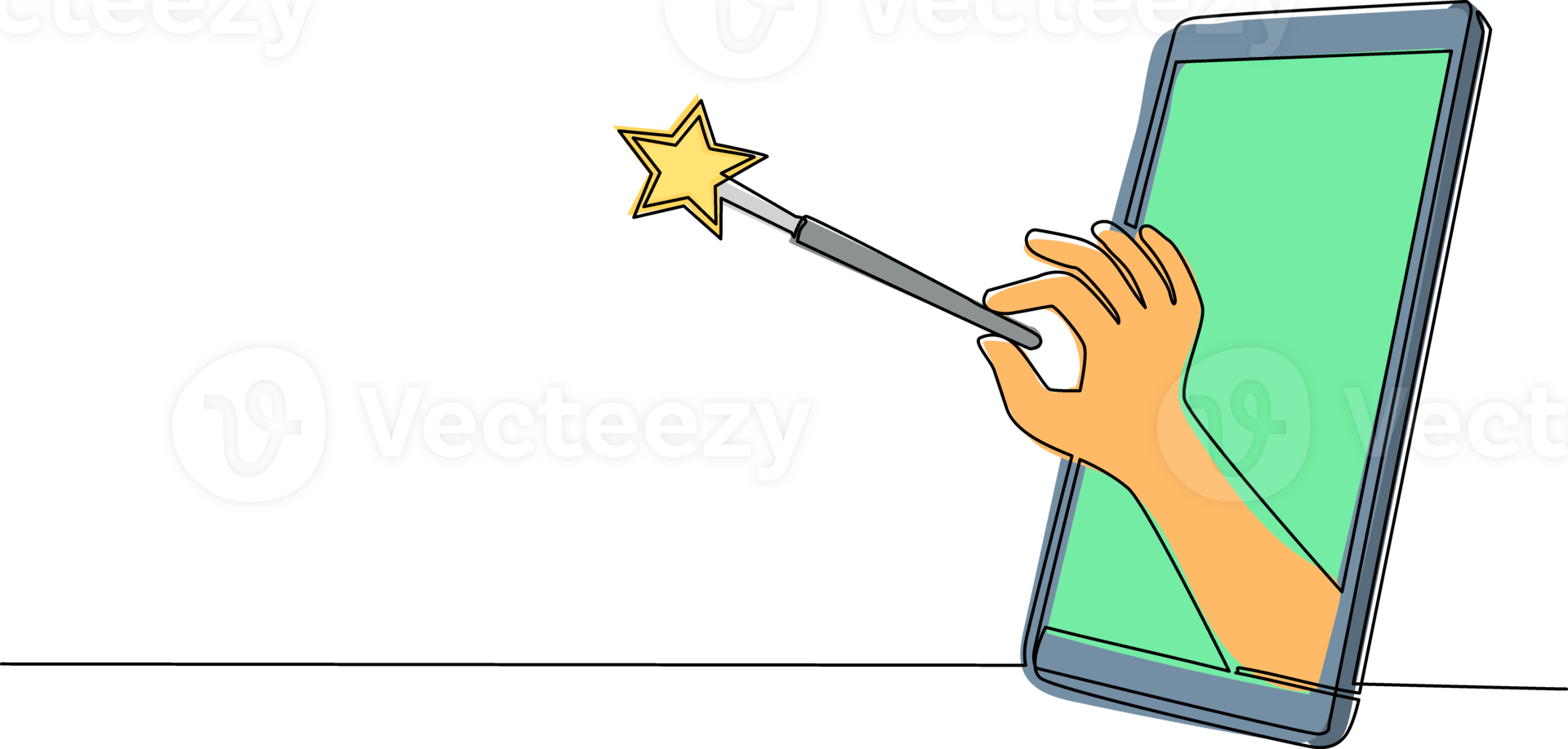 Continuous one line drawing hand holding magic wand through mobile phone. Concept of mobile games, e-sport, entertainment application for smartphones. Single line design graphic illustration png