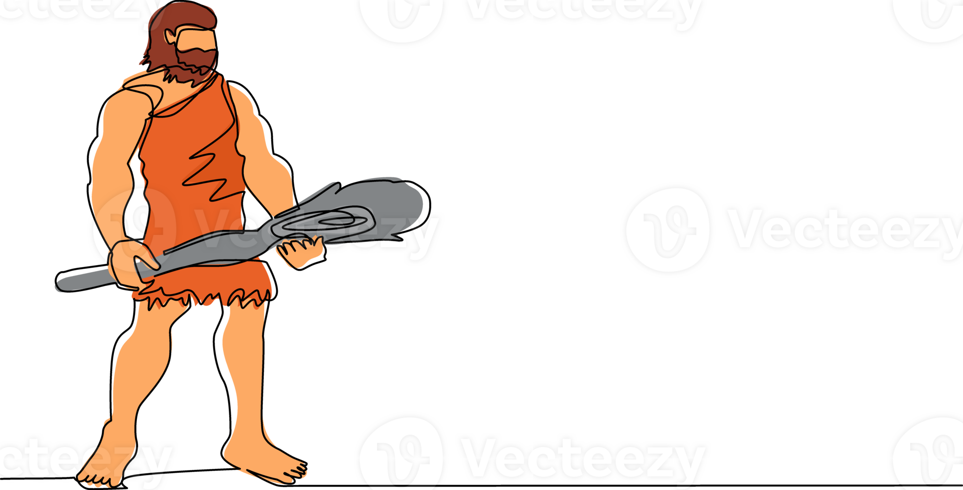 Single einer Linie Zeichnung Höhlenmensch halten groß hölzern Verein oder Knüppel. prähistorisch bärtig Mann gekleidet im Tier Fell. Neandertaler Jäger. uralt Homosapiens. kontinuierlich Linie zeichnen Design Grafik png
