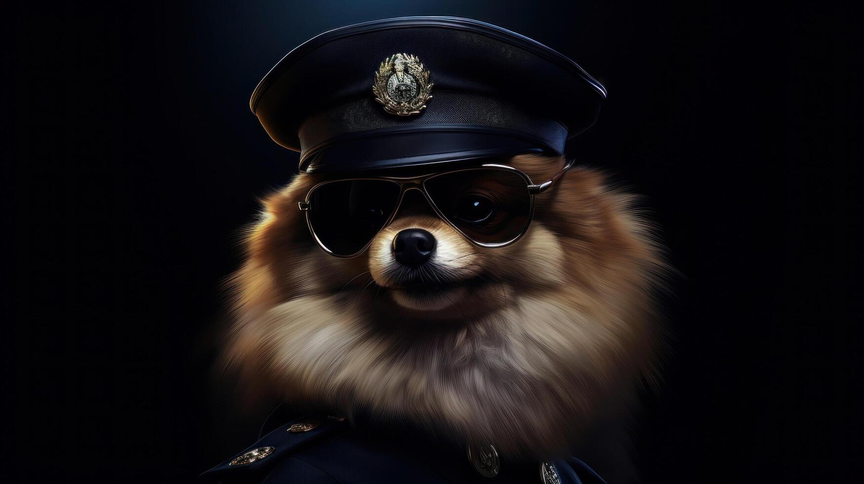 pomeranian dog in a police suit and outfit illustration, pomeranian funny dog puppy, pomeranian are attractive and charming funny dog,pet funny animals generative ai photo