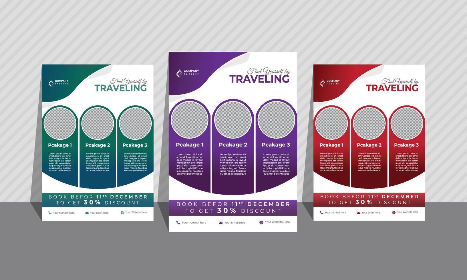 flyerTravel and multipurpose flyer bundle of 3 gradient colors. Most unique curvy and geometric shapes, background image, and layout.A4 size. vector