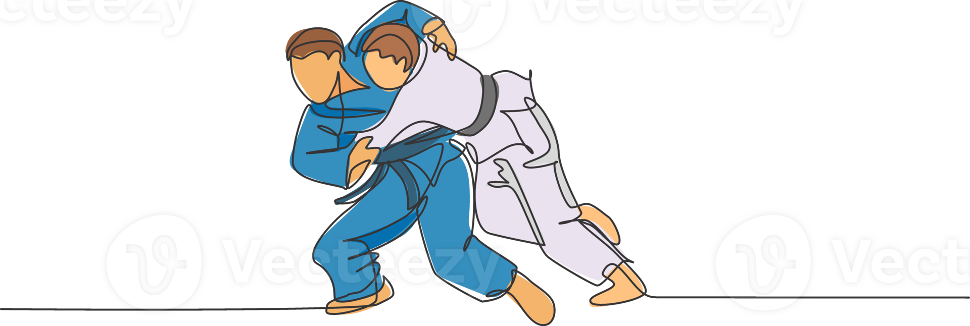 enda kontinuerlig linje teckning av två ung sportigt judoka kämpe män öva judo skicklighet på dojo Gym Centrum. stridande jiujitsu, aikido sport begrepp. trendig ett linje dra design illustration png