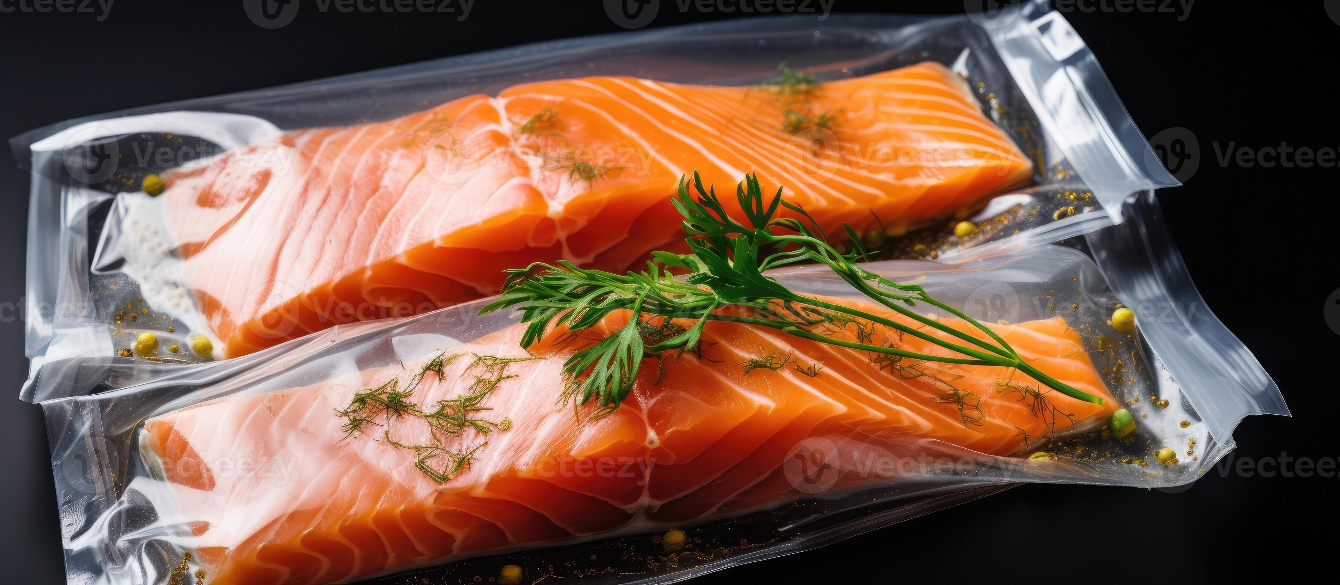 Salmon fillets packaged in a vacuum seal. A cooking method called sousvide, which uses new