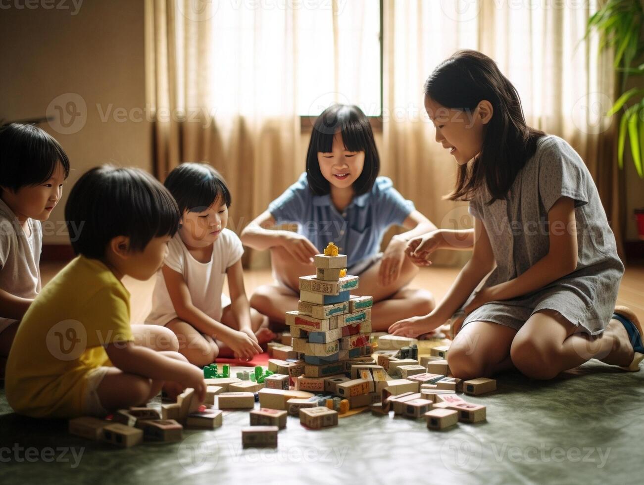 AI Generative Asian family playing board game with wooden tower together at home Son is pulls out a brick while sister father and mother is looking and cheeringWeekend activity with entertainmen photo