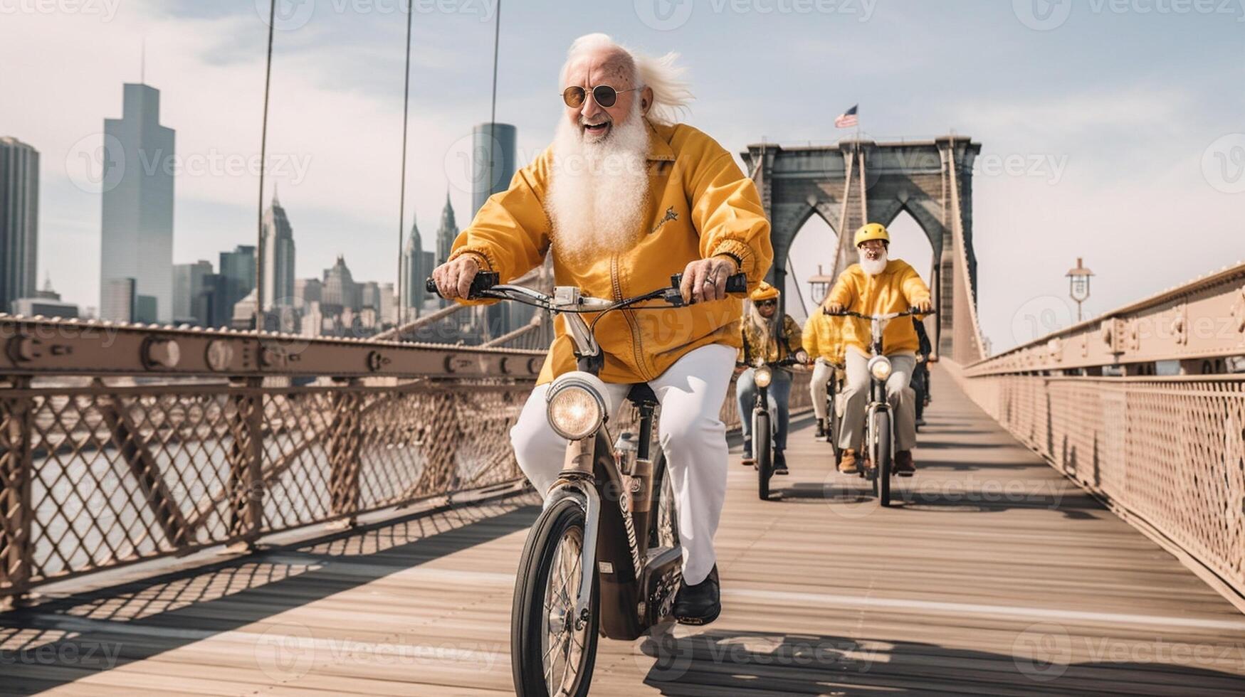 ai generativo nuevo York ciudad Estados Unidos abr 1 de 2019 ciclismo paseo terminado brooklyn puente con Dom rayo o Dom ligero y llamarada azul cielo a nuevo York ciudad unido estado foto