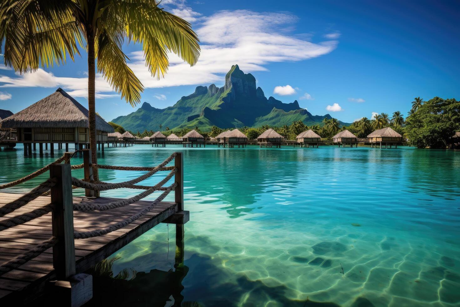 paraíso isla con agua bungalows a seychelles, un pacífico y tranquilo laguna en bora bora, francés Polinesia, ai generado foto