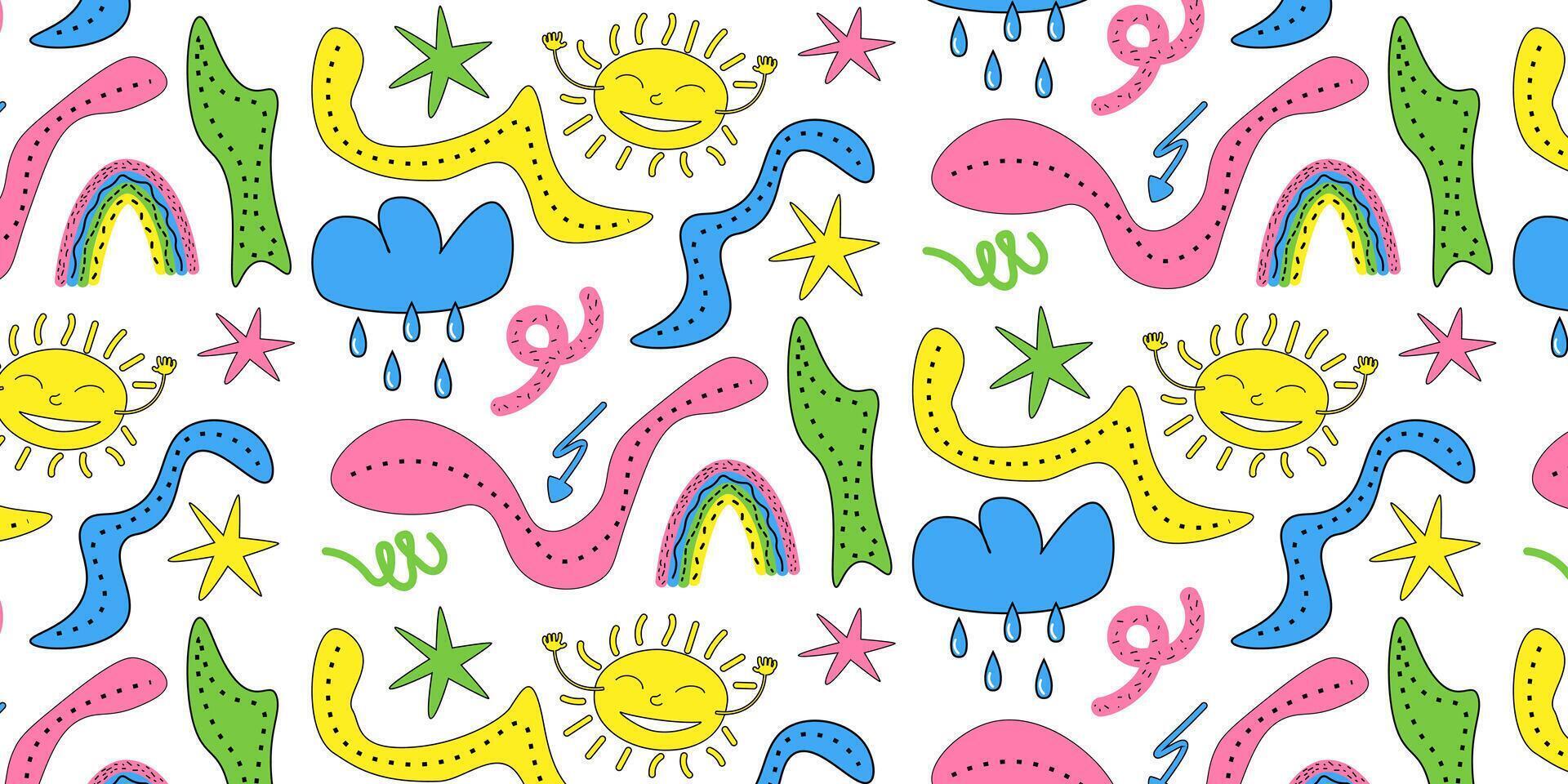 Cute cartoon seamless pattern sun stars rainbow cloud rain elements in playful cartoon style.Vector EPS10 vector