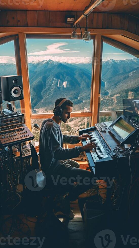 AI Generative Adult captain of jet airliner wearing black leather jacket and headset sitting in front of onboard instruments flying over mountains photo