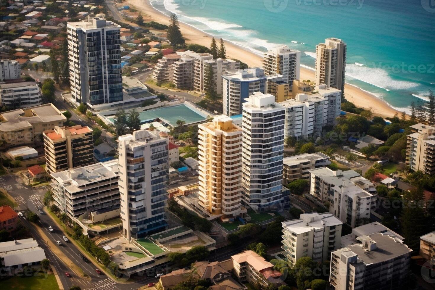 AI Generative Aerial view of Surfers Paradise on the Gold Coast Australia photo