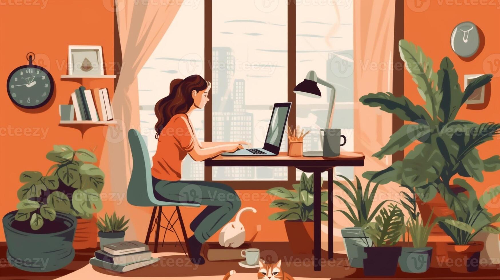 AI Generative Annoyed student woman studying at home with computer laptop Online school concept photo
