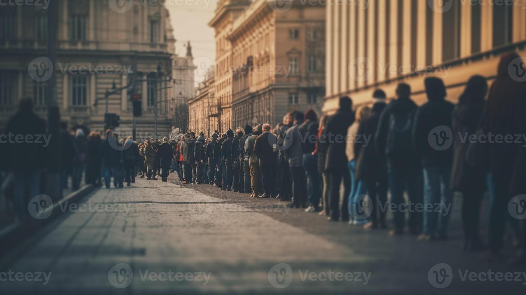 AI Generative Anonymous crowd of people walking on busy city street  City life concept photo