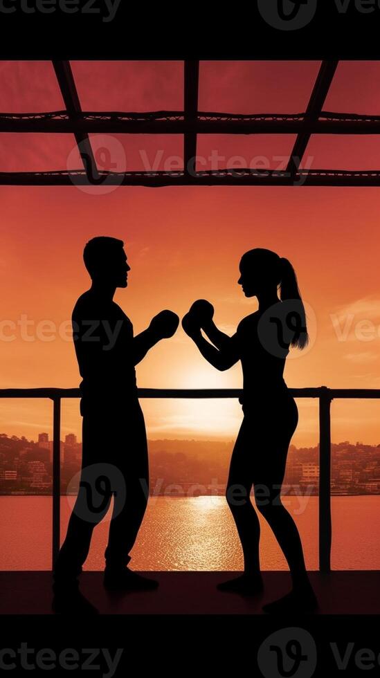 AI Generative Artial marts fight between master and his pupil at the beach during the sunrise  silhouette  concept about people lifestyle and sport photo