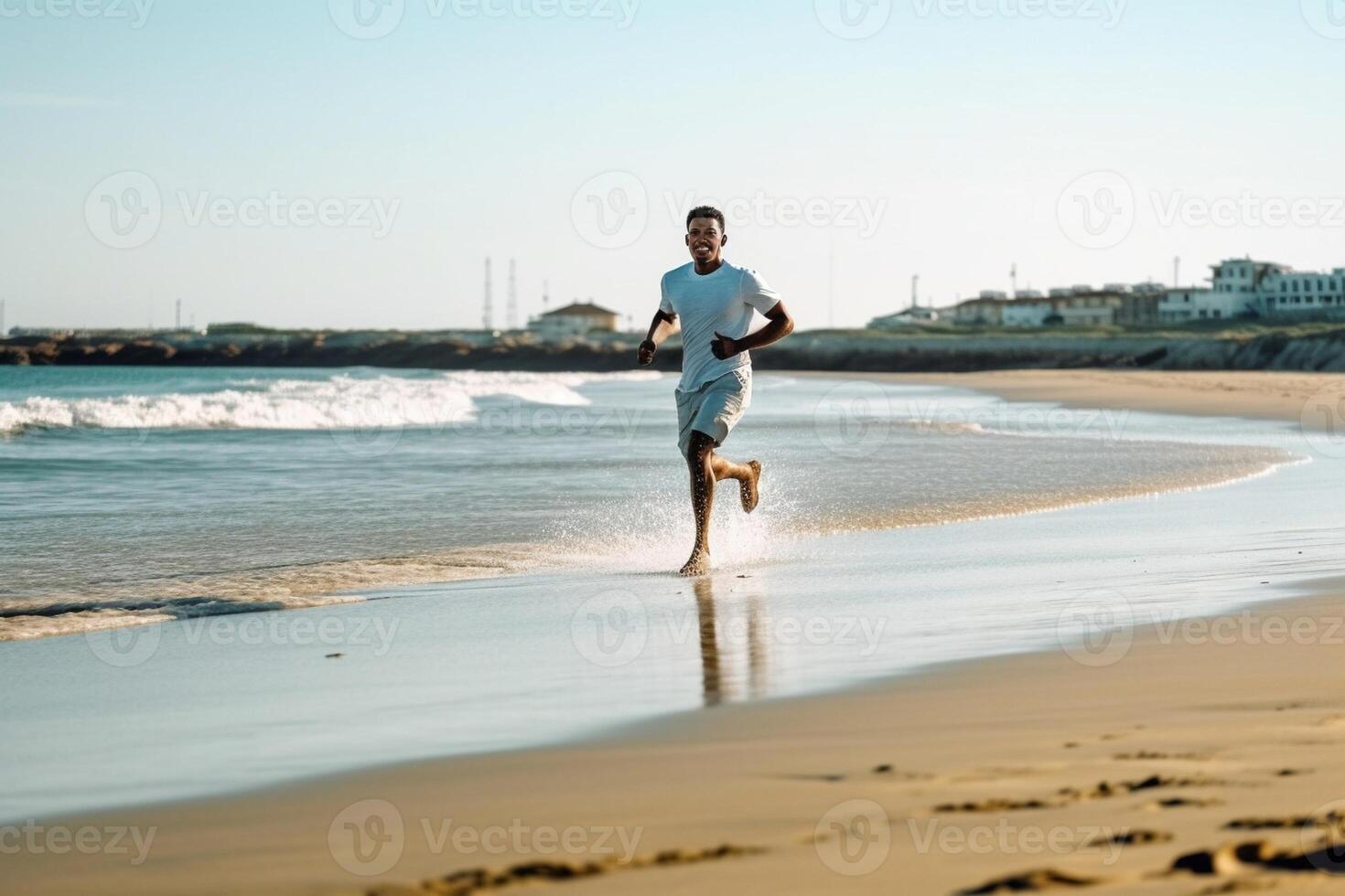 AI Generative Athlete running man  male runner in istening to music on smartphone Sporty fit young black man jogging at the beach photo