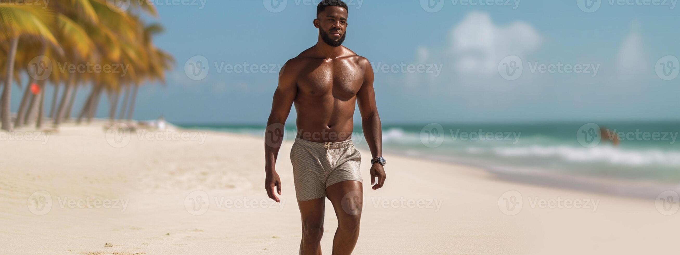 ai generativo atleta corriendo hombre deportivo ajuste joven negro hombre trotar a el playa cerca arriba de su piernas foto