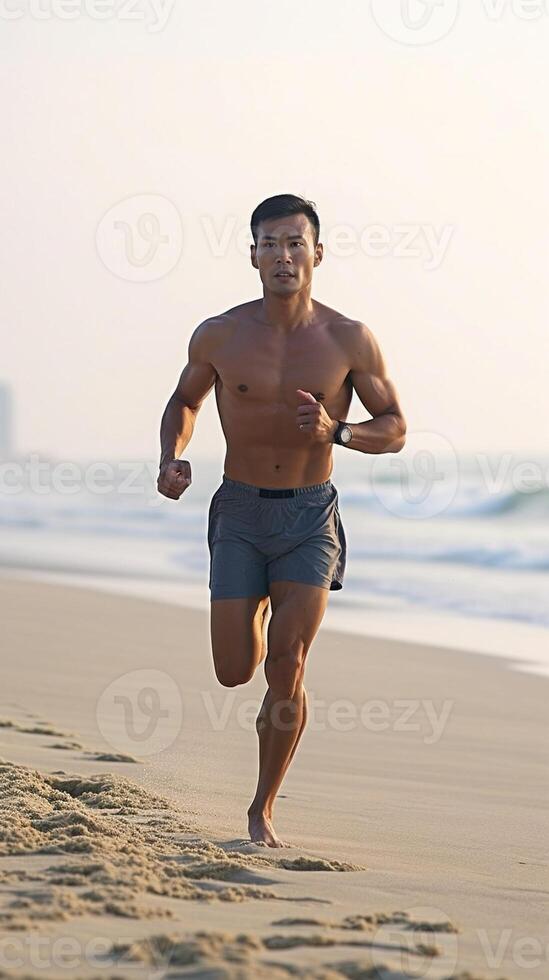 ai generativo atleta corriendo hombre escuchando a música en teléfono inteligente deportivo ajuste joven hombre trotar a el playa persona que practica jogging formación con inteligente teléfono brazalete foto