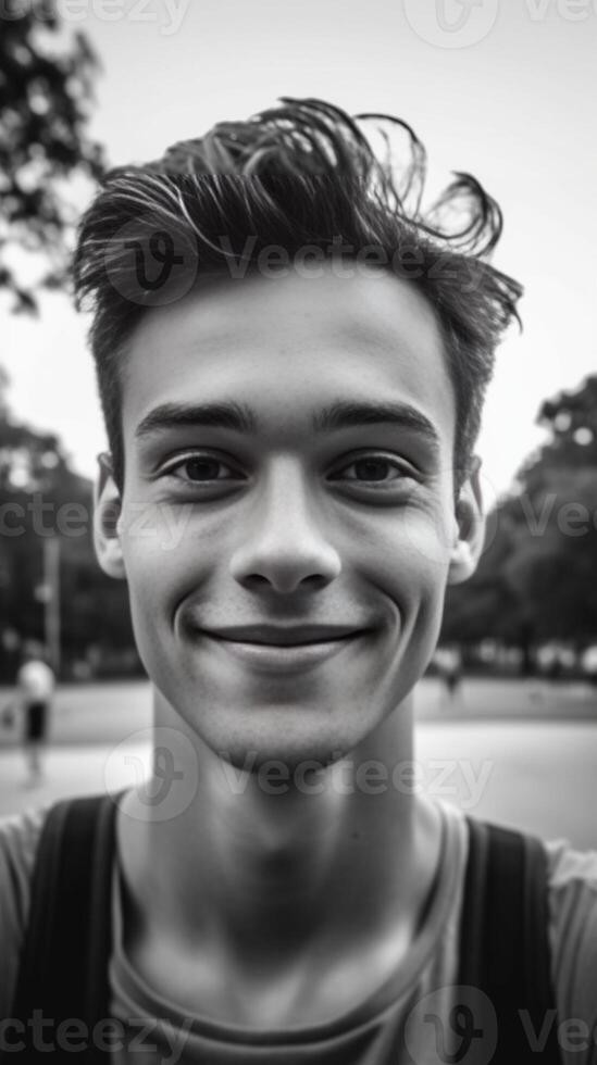 AI Generative Attracive caucasian student take a selfie at the park using his smartphone photo