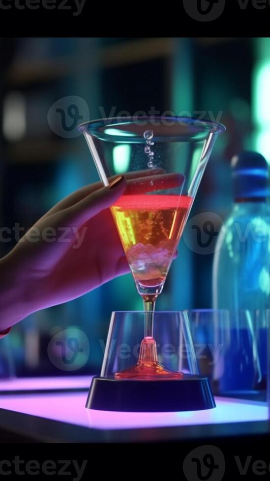 AI Generative Barman making cocktail at night club  Bartender pouring alcohol from shaker into martini glass  Beverage life style concept photo