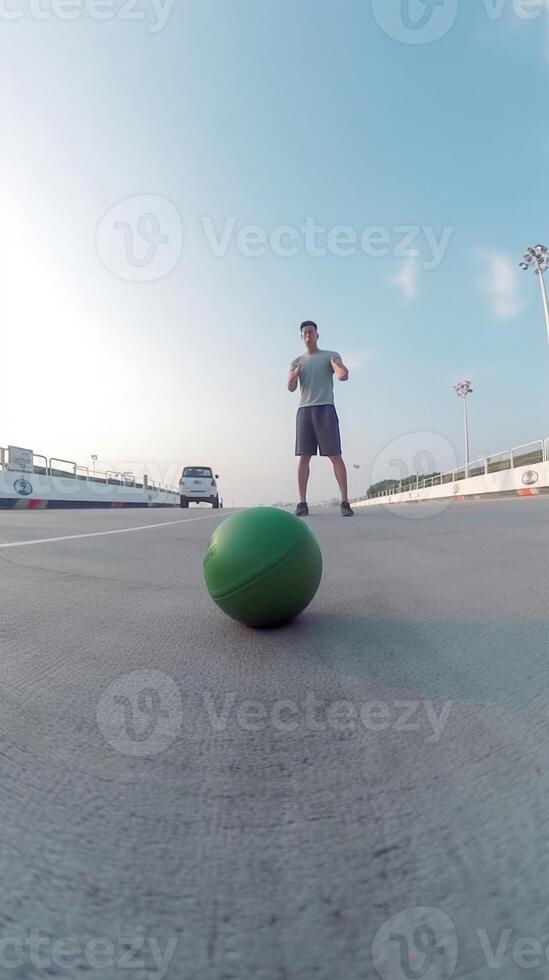 ai generativo baloncesto calle jugador regate con pelota en el Corte streetball formación y actividad concepto foto