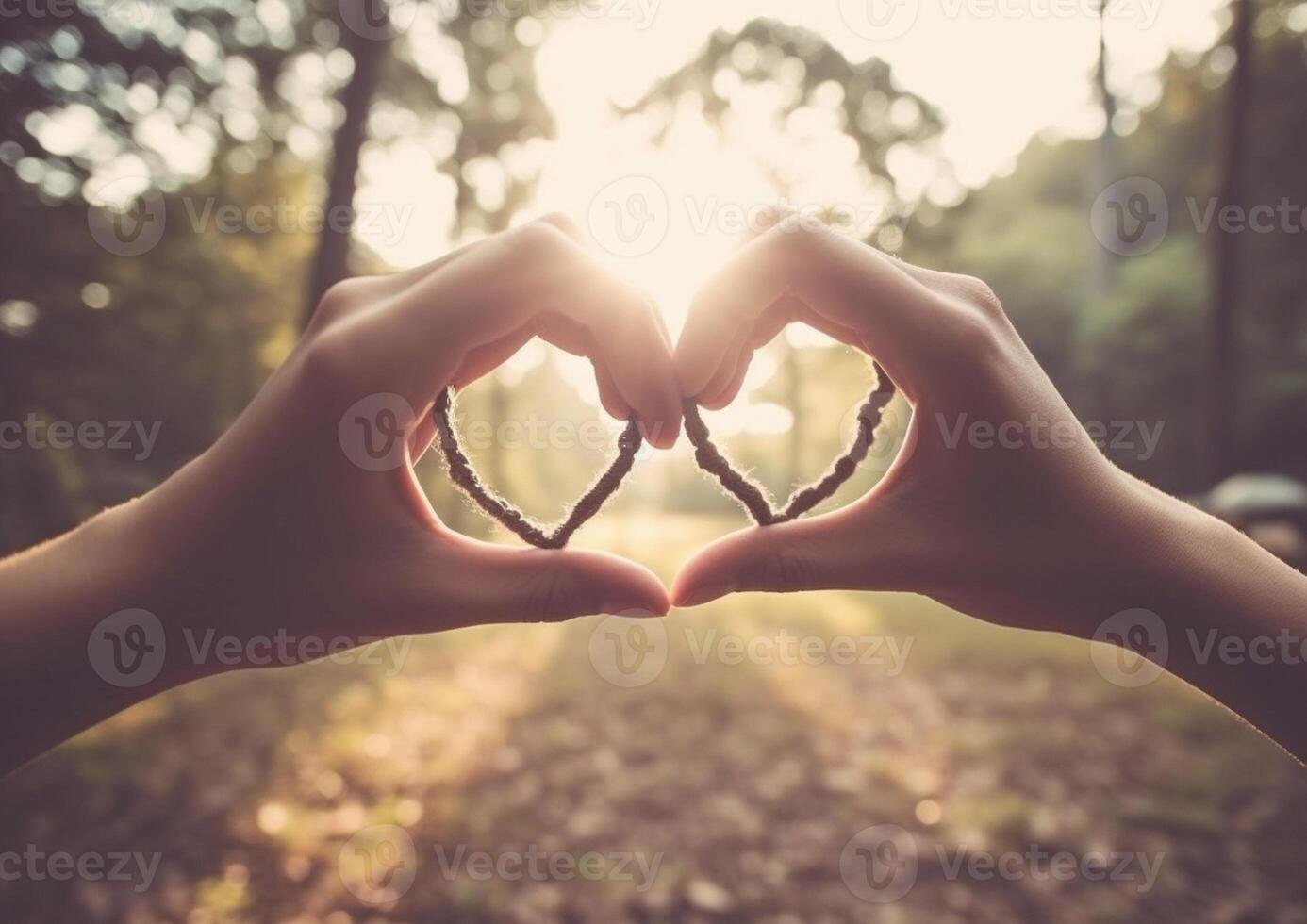 AI Generative Beautiful romantic couple making heart shape with fingers kissing outdoor Close up hands in focus photo