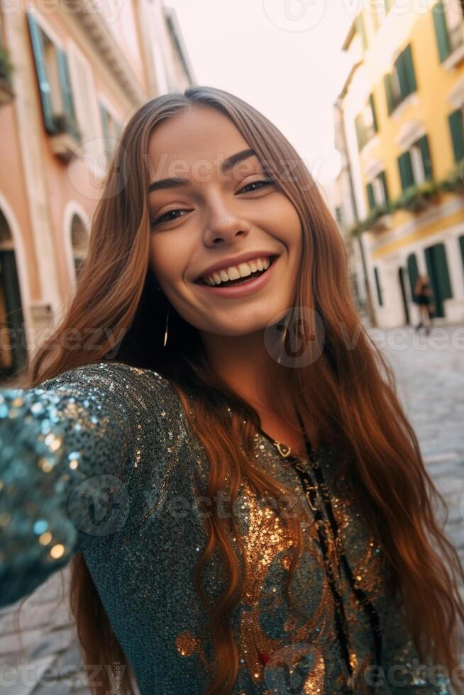 AI Generative Beautiful young woman smiling at camera taking a selfie visiting Venice Italy Happy girl enjoying weekend in Piazza San Marco Venice photo