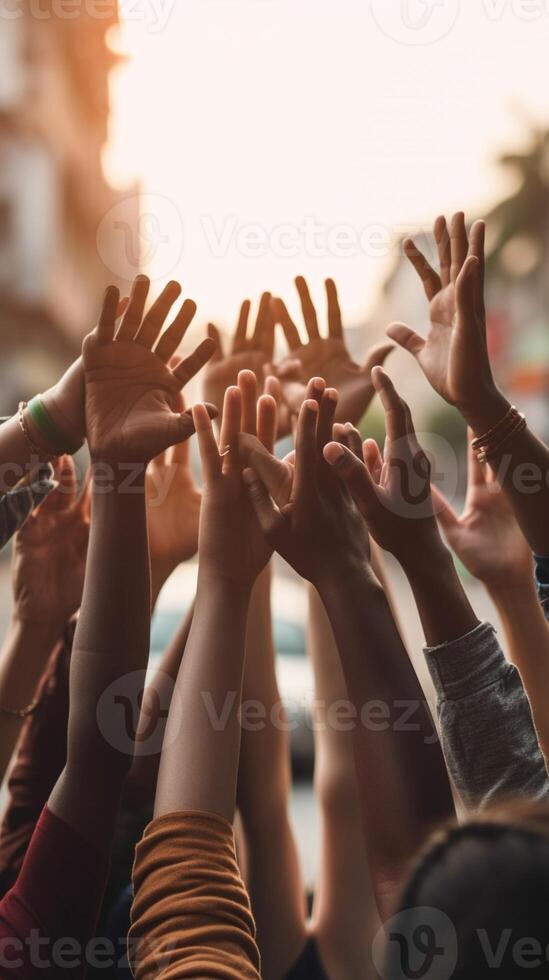 AI Generative Big group of happy friends stands on city street with raised arms together  Multiracial young people having fun outdoor  Volunteer teamwork with hands up   Community and friendship photo