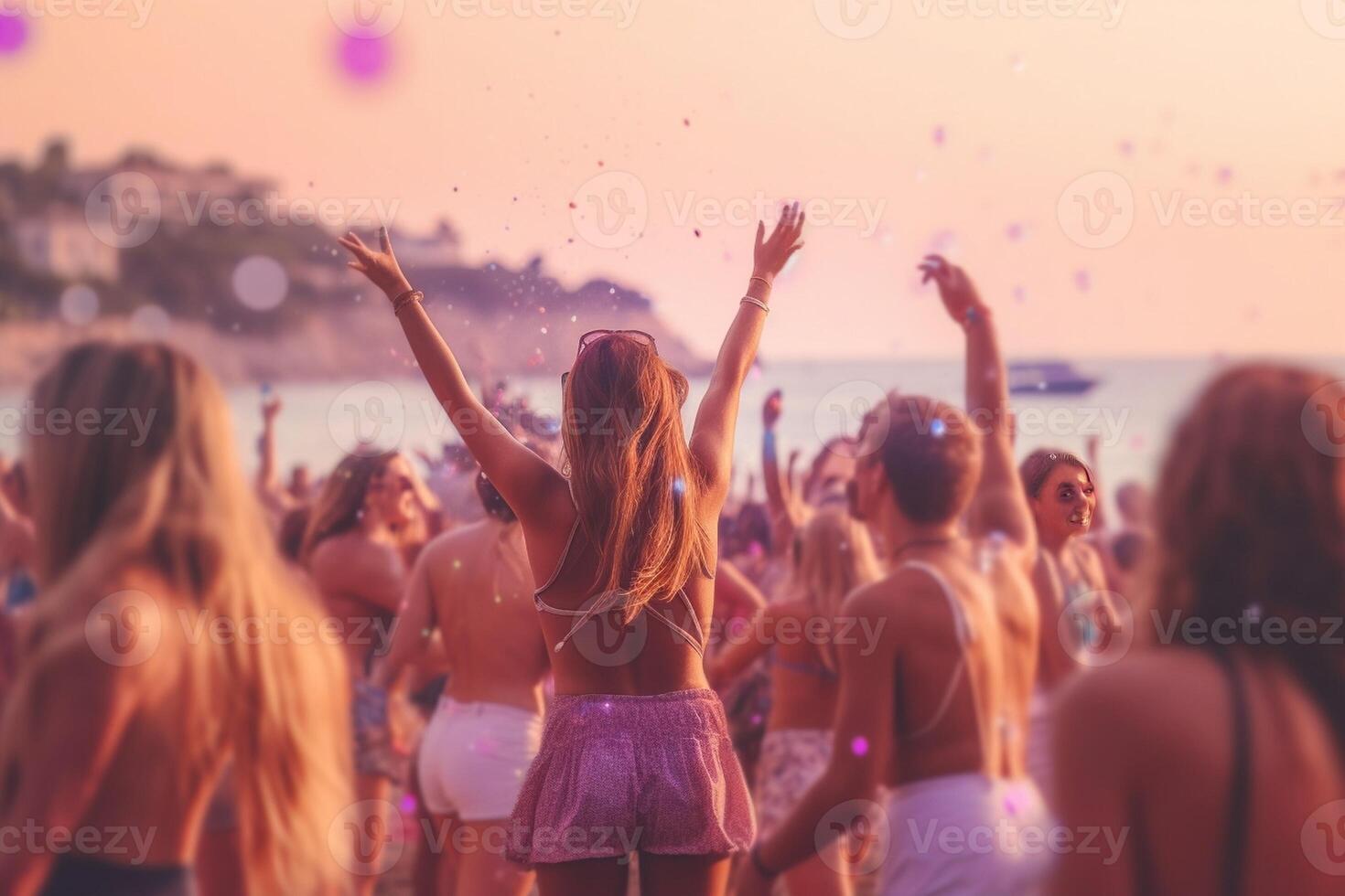 AI Generative Big group of people having fun dancing on beach party  Multiracial friends with hands up celebrating summer vacation outside  Youth lifestyle and summertime holidays concept photo