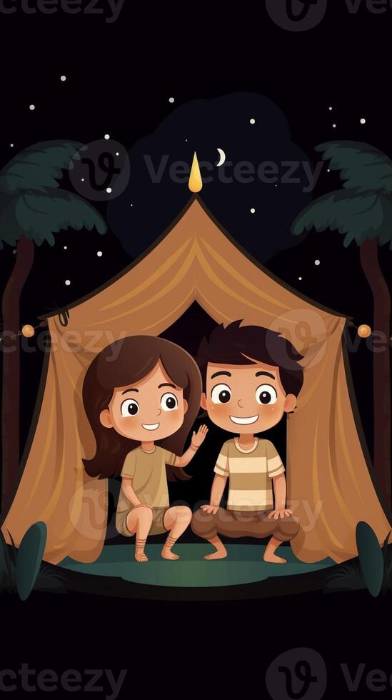 AI Generative Camping couple in tent taking selfie Happy friends having fun togheter Concept about people lifestyle and technology photo