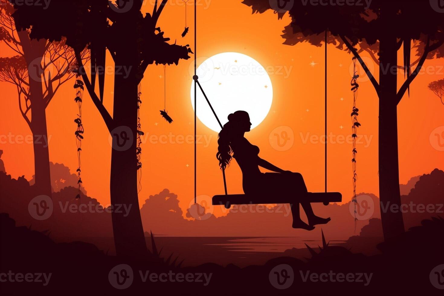 AI Generative Carefree woman on the swing on a inspiring landscape Dream concept photo