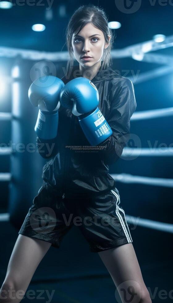 AI Generative Caucasian adult woman training kickboxing at the gym photo