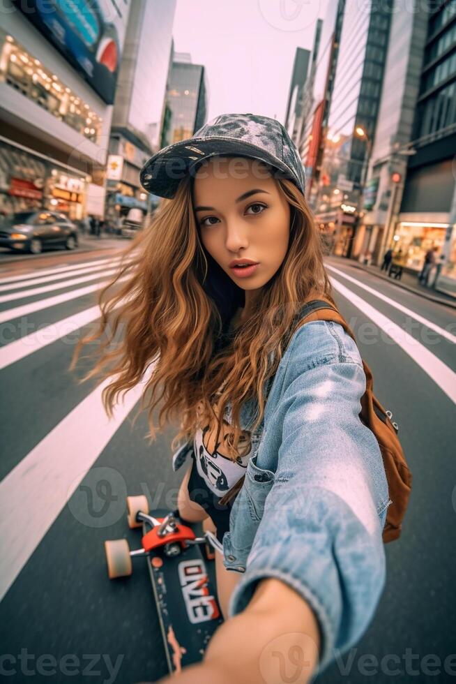 AI Generative Caucasian girl is taking a selfie with her smartphone on her skateboard  Concpet about sport people lifestyle and technology photo