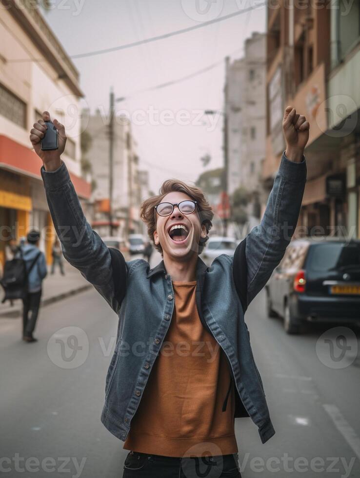 AI Generative Cheerful man taking a selfie in the city photo