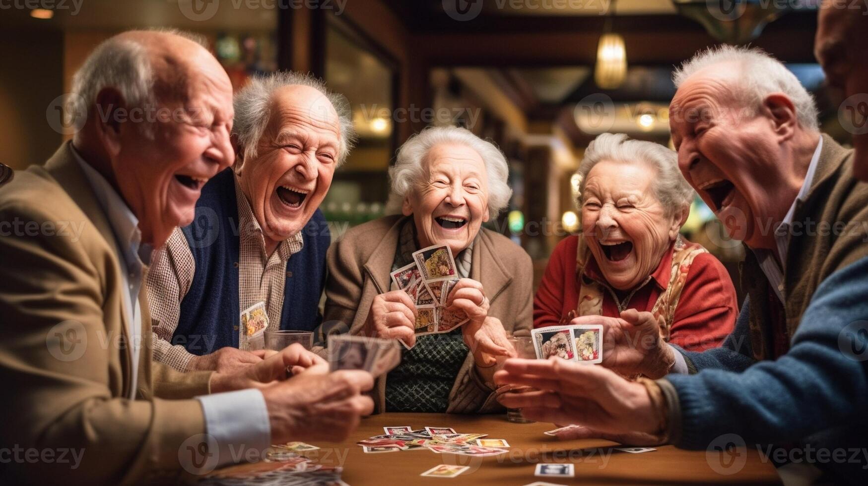 AI Generative Cheerful group of seniors having fun playing card games at bar table  Old people enjoying free time together  Active retirement concept photo