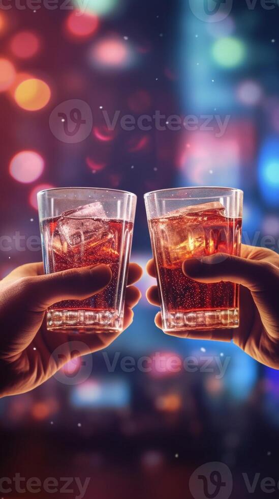 AI Generative Cheers Couple in love is drinking alchool togheter in a shot glass during a party  caucasian people  people drink party and lifestyle concept photo