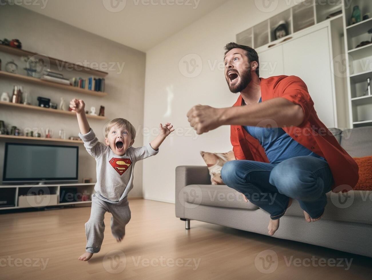 ai generativo niño y madre en superhéroe disfraz jugando juntos a hogar contento hijo y mamá teniendo divertido en vivo habitación familia concepto foto