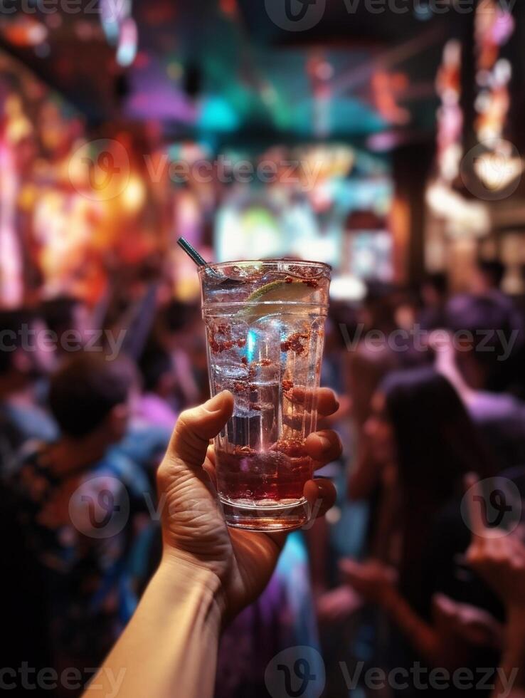 AI Generative Close up image of hands holding cocktail glasses at bar restaurant  Young people having fun hanging out on weekend day  Food and beverage concept with guys and girls drinking alcoh photo