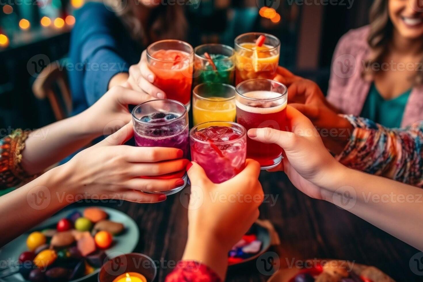 AI Generative Close up image of hands holding cocktail glasses at bar restaurant  Young people having fun hanging out on weekend day  Food and beverage concept with guys and girls drinking alcoh photo