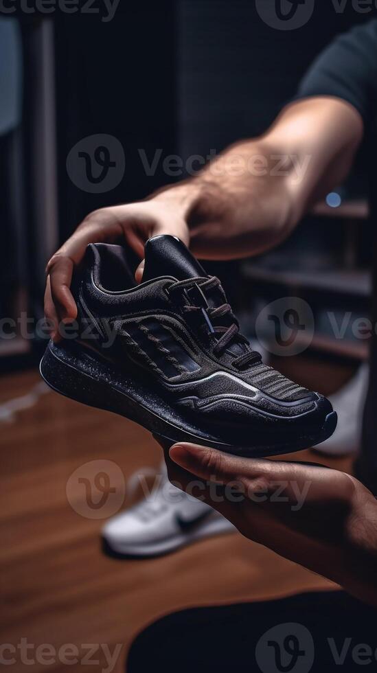 AI Generative Close up of a black man hands tying shoelaces before training starts photo