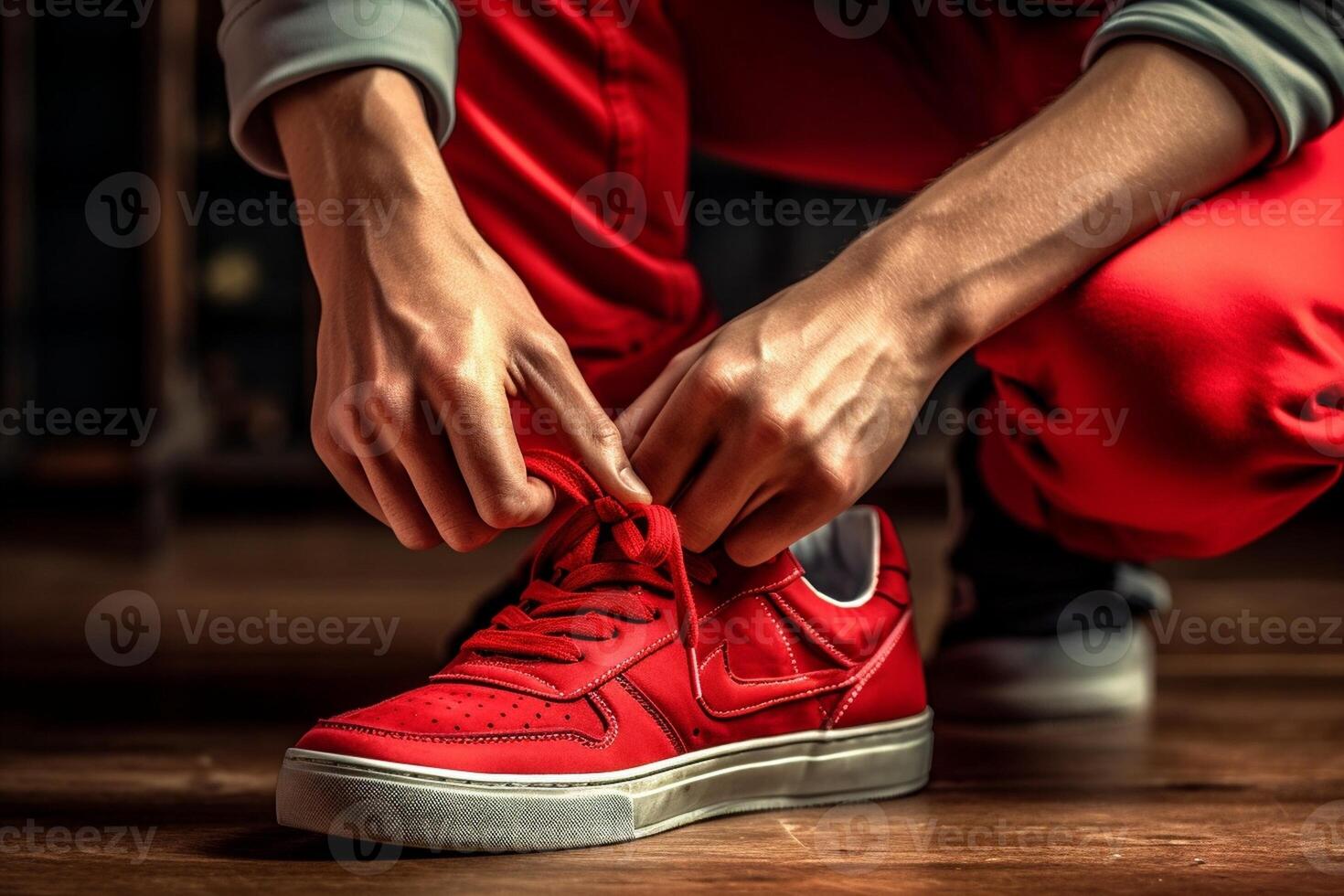 AI Generative Close up of a black man hands tying shoelaces before training starts photo