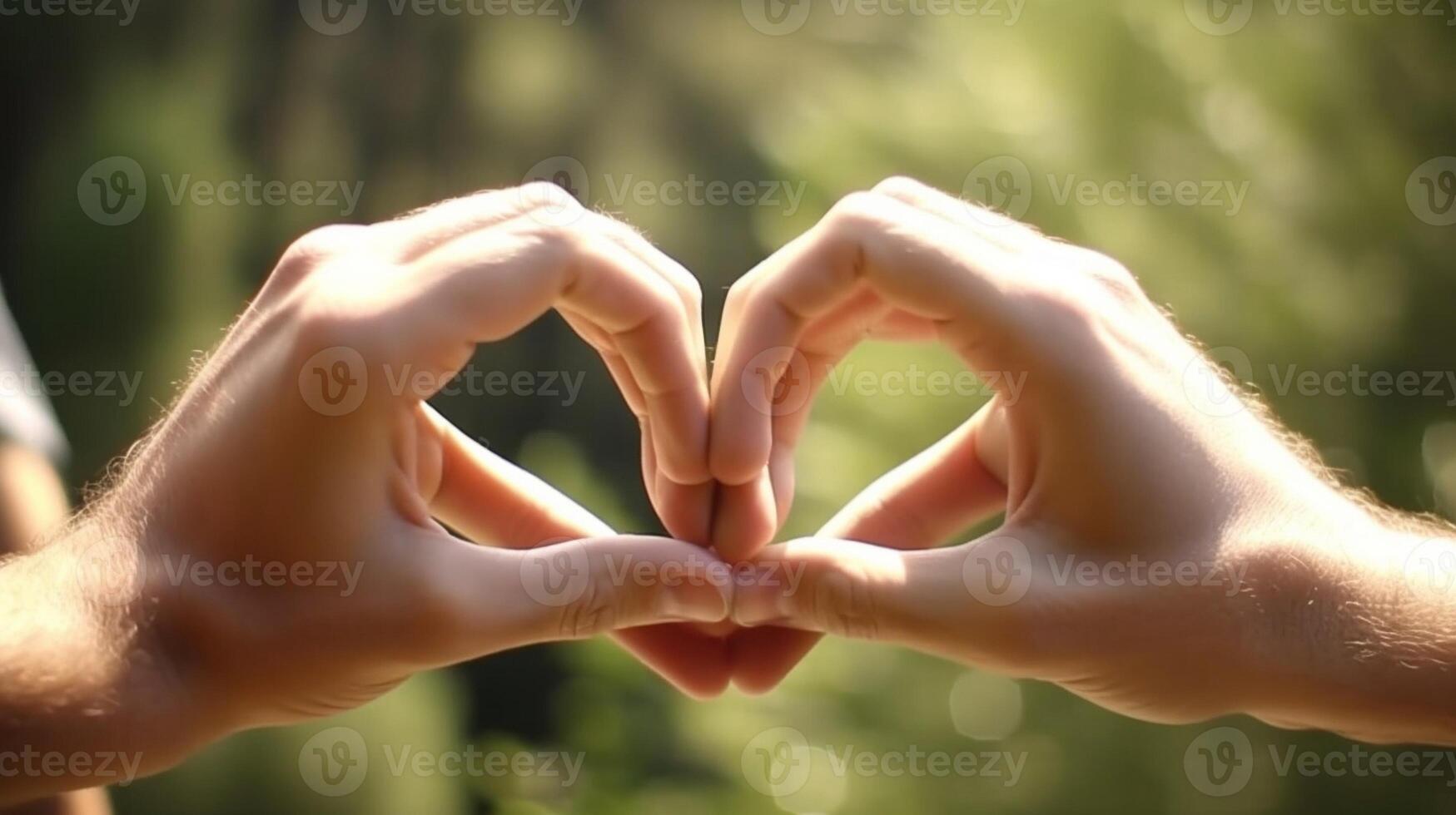 AI Generative Close up of young couple in love making heart shape with hands outdoor at vacation photo