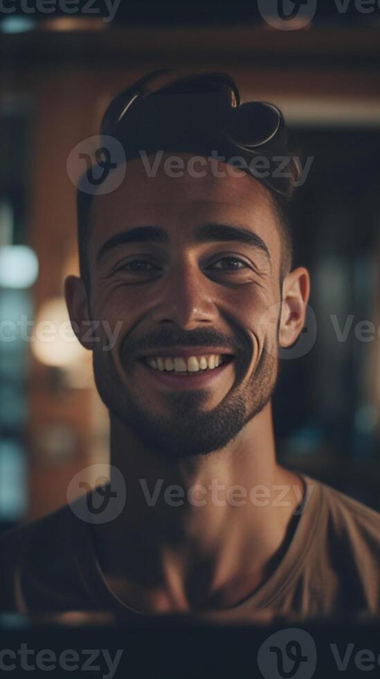 ai generativo cerca arriba foto de hermoso hipster hombre riendo a habitación Departamento contento chico tomar selfie a hogar milenario sonriente a cámara juventud estilo de vida concepto