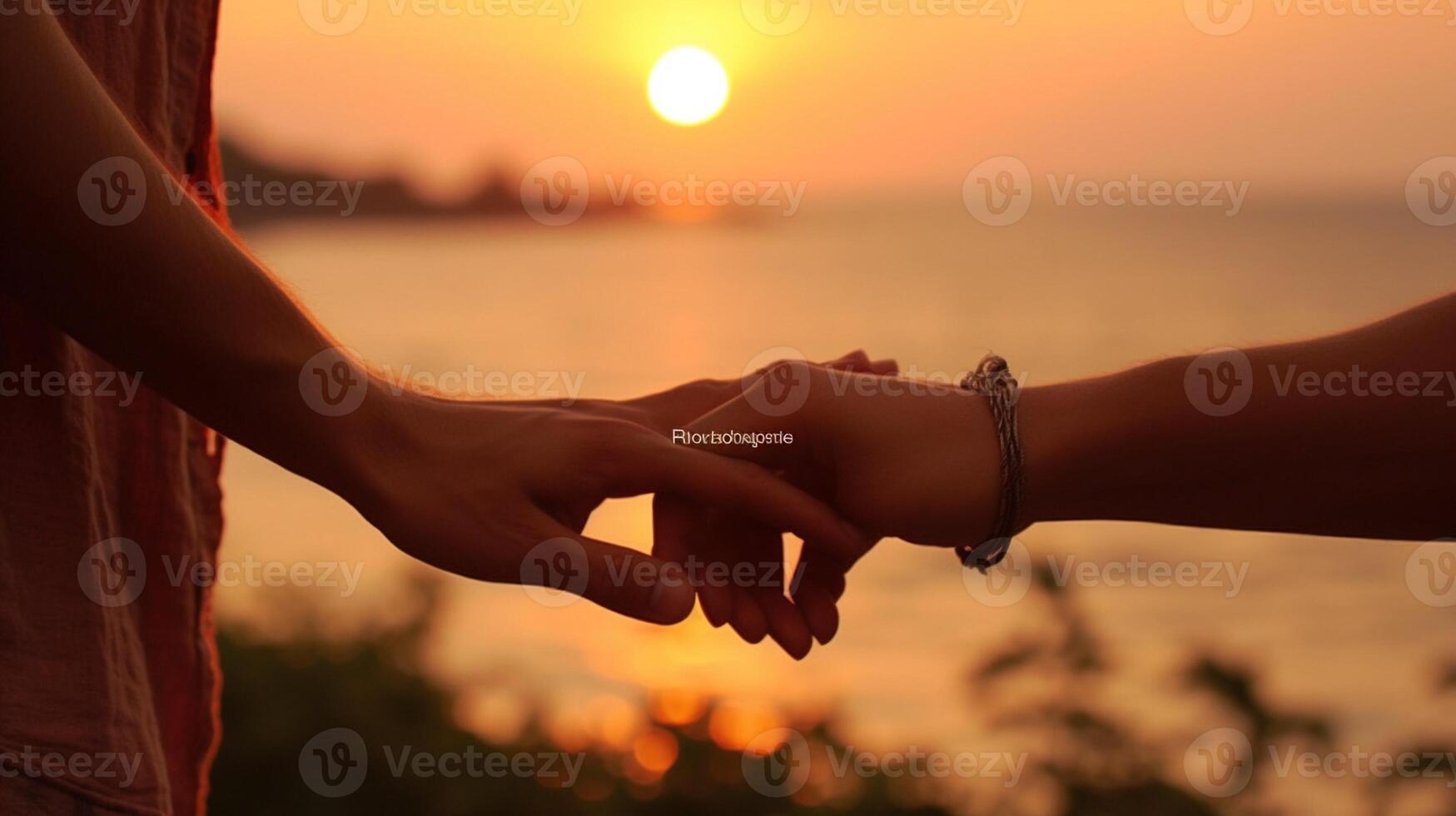 AI Generative Closeup image of two lovers holding hands at sunset  Trust love relationship and support concept photo