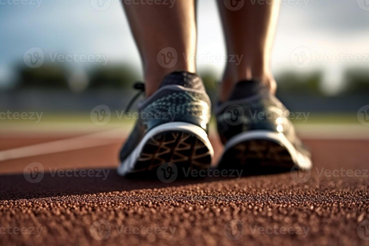 AI Generative Closeup of man trying jogging shoes  Male athlete run on running track in a stadium  Sport lifestyle concept photo